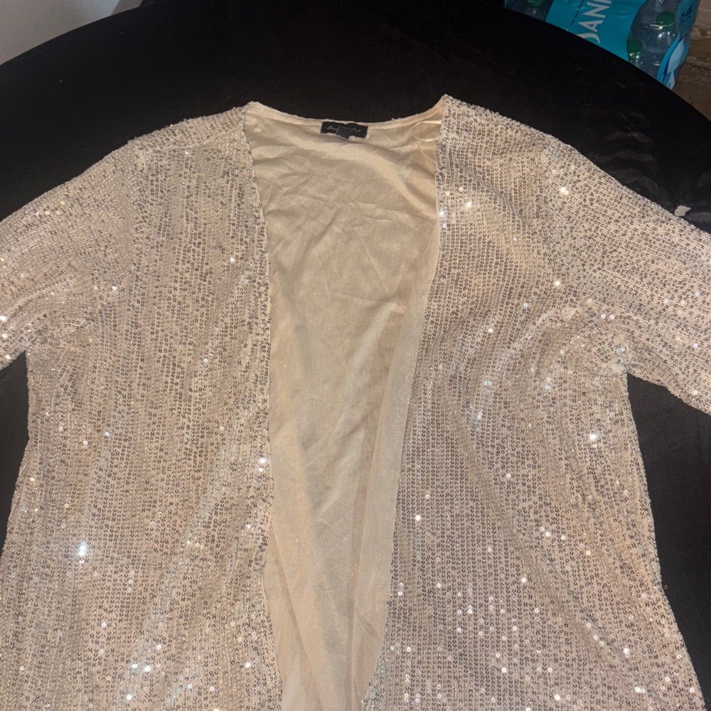 Sequin Open-Front Cardigan in Champagne - Women's Sparkle Layer